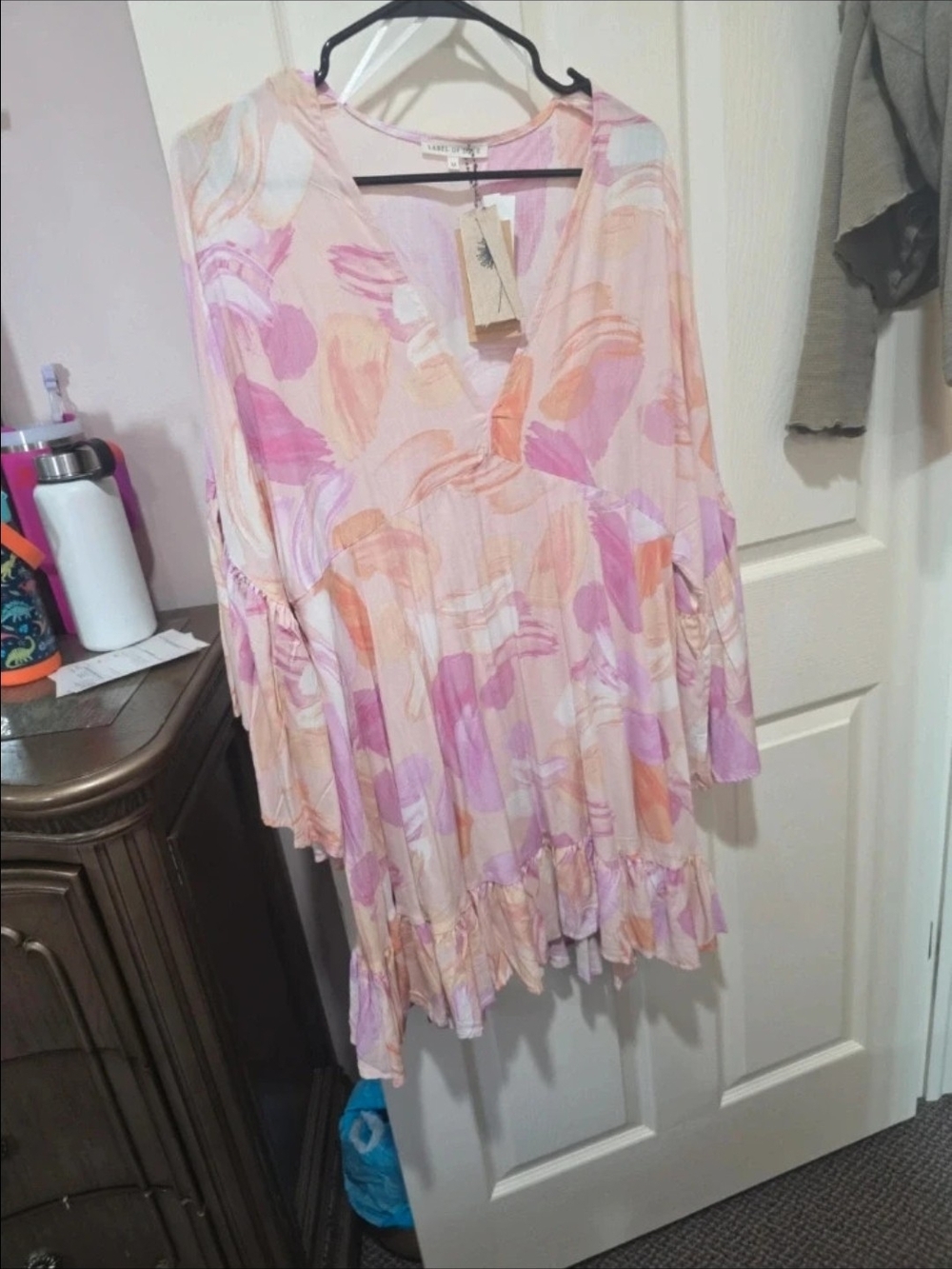 Flowy Pink & Peach Floral High-Low Dress with Ruffle Hem